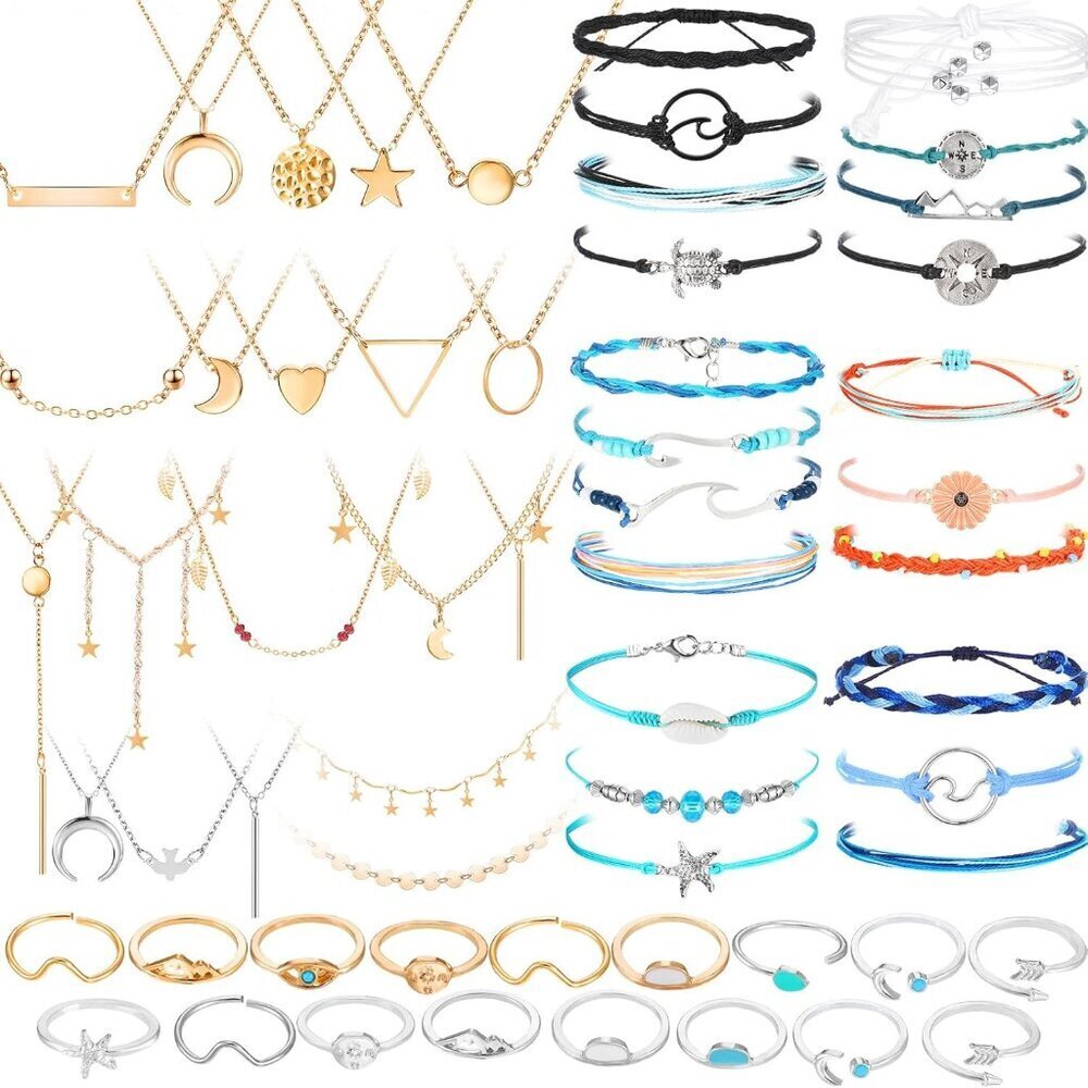 Jewelry Set 60 Pcs Alloy Wax Cord Adjustable Bracelets Necklaces Rings Women